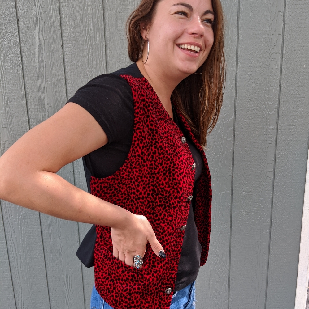 Animal Print Velvet Vest Bright Red and Black yass